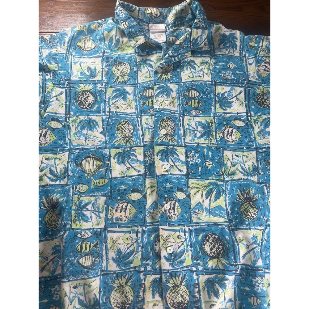 VTG Cintas Hawaiian Aloha Blue Shirt Mens Large Tropical Fish Made In USA READ
